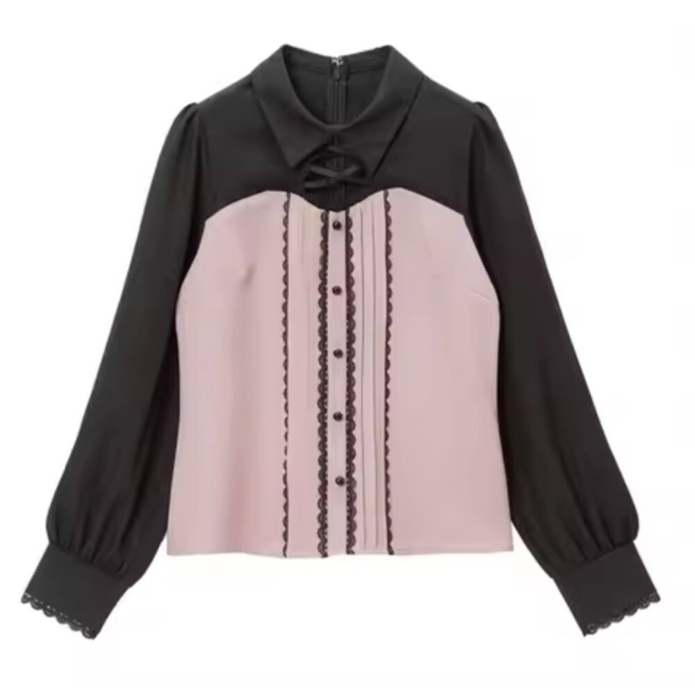 Dear My Love Lace Up Pink and Black Contrast Button-Up Blouse